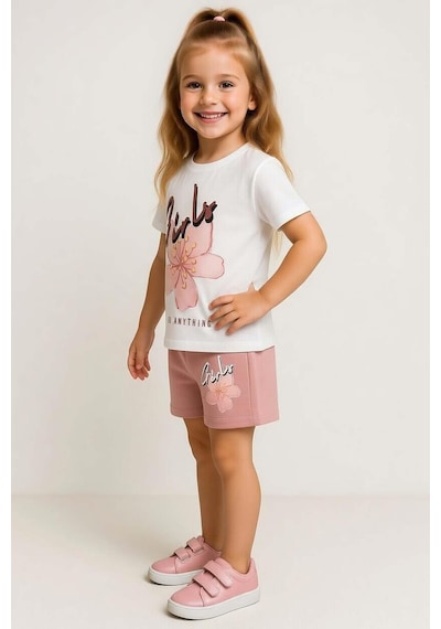 Riccotarz Kız Çocuk Üzeri Girl Yazı Ve Lale Detaylı T-shirt Pudra Şortlu Takım