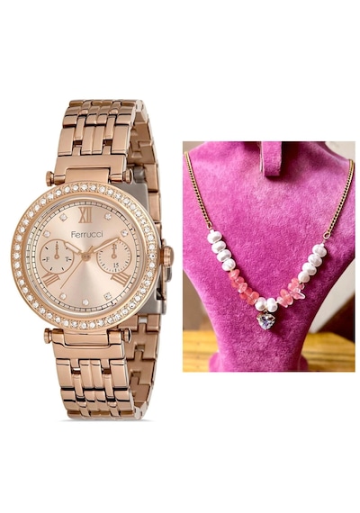 Ferrucci Fcf82640 Çelik Jübile Kordon Tasarım Kadın Kol Saati+çelik Kolye Hediye Rose Gold