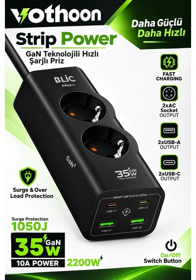 Akım Korumalı Priz 2 Ac Soket 2 Usb-a 2 Usb-c 35w Hızlı Şarj 1050j Koruma 2 Mt Kablo 2200w 2 M