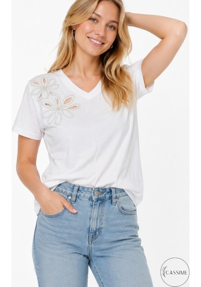 Cassime Kadın Beyaz %100 Pamuk Regular/normal Kalıp Çiçek Nakışlı Örme T-shirt