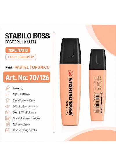 Boss Fosforlu Kalem 1 Adet Metin İşaretleme Kalemi Pastel Turuncu
