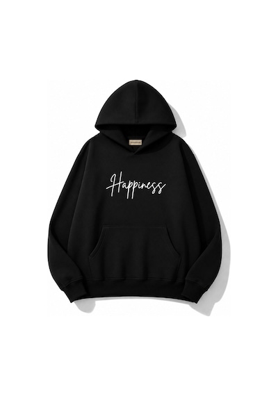 Herkesemoda Happines Baskılı Kapüşonlu 2 İplik Şardonlu Sweatshirt Siyah