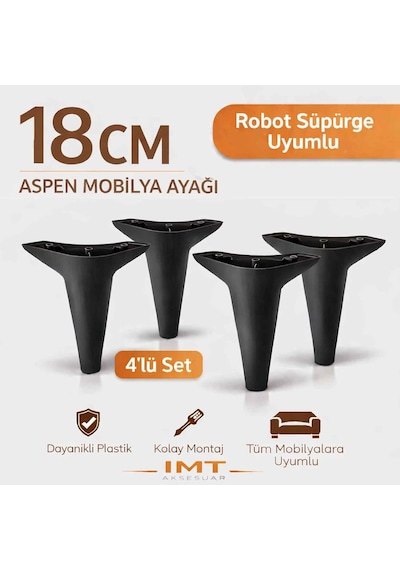 Aspen 18 Cm Siyah 4'lü Set Koltuk Baza Dolap Tv Ünitesi Yatak Odası Konsol Ayağı Siyah