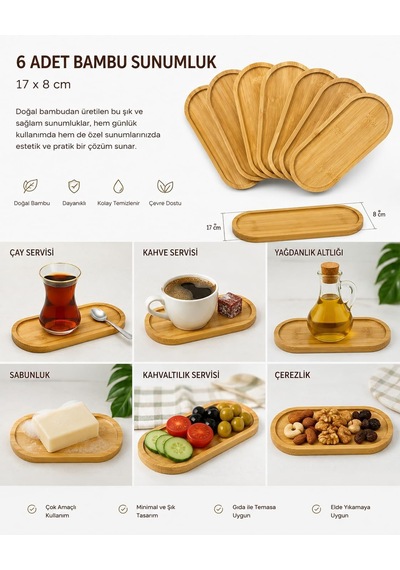 Oval Bambu Sunumluk Set 17x8 Cm, 6 Adet Çok Amaçlı Servis Tepsisi Çok Renkli