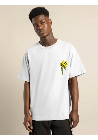 Assema Erkek Bisiklet Yaka Baskılı Oversize Kısa Kol T-shirt - Beyaz Çok Renkli