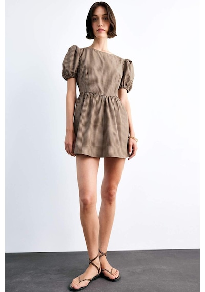 Defacto Fitted Kareli Poplin Kısa Kollu Mini Elbise F9944ax25smbn306 Kahve