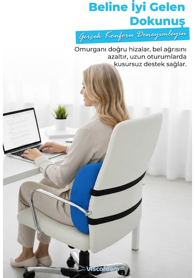Viscofoam Ortopedik Bel Yastığı Ofis Sandalye Araç Koltuk Bel Destek Yastığı Visco Bel Yastığı Saks Mavisi