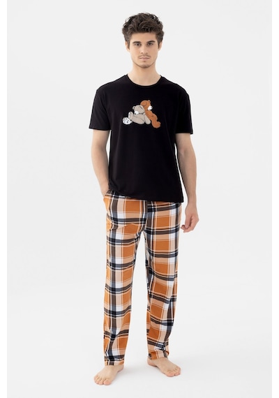 Koza İç Giyim Erkek Kısa Kollu Pamuklu Ekose Desenli Ayıcık Baskılı Pijama Takımı Ko60101 Turuncu