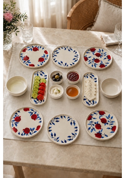 Nar 14 Parça 6 Kişilik Stackable Seramik Kahvaltı Takımı Nar Desenli Lüks Kahvaltılık Sunum Seti Beyaz