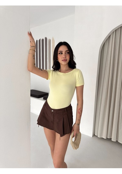 Elaxi Kadın Kısa Kollu Kayık Yaka Buzy Kumaş Tişört Sarı