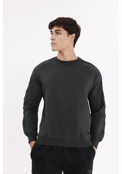 Rowinger Çift Şeritli Raglan Kol Minimal Logolu Bisiklet Yaka Sweatshirt Haki