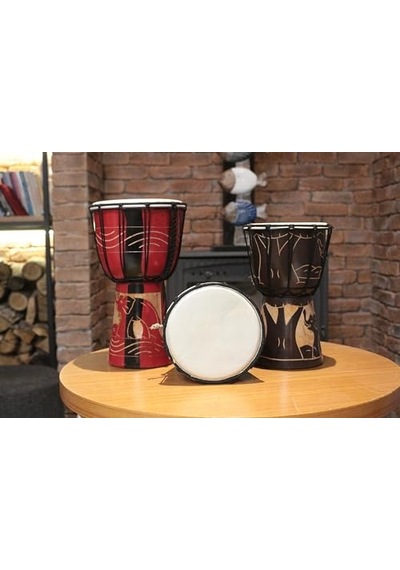 Otantik Ahşap Djembe Davul, 25 Cm, Mahoni Ağacı Ve Keçi Derisi, El Yapımı Bali Endonezya, Fil Figürlü, 14 Cm Deri Çap