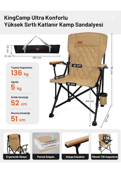 Kingcamp Polar Comfort Plus Ultra Konforlu Katlanır Kamp Sandalyesi Khaki Haki