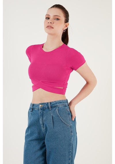 Lela Fitilli Bel Detaylı Kısa Kollu Dar Kesim Crop Bayan Bluz 5864211 Fuşya