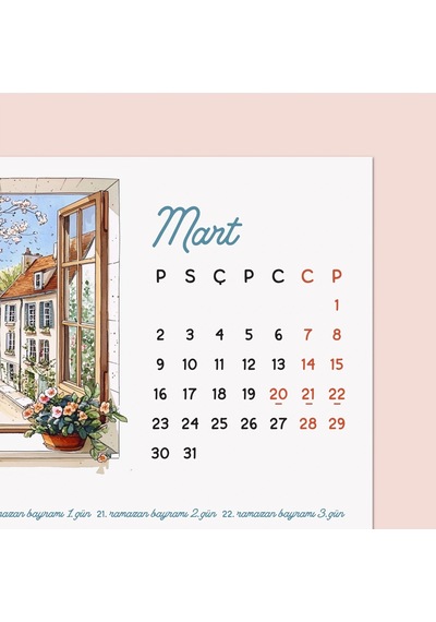 2027 Ahşap Masa Takvimi Dört Mevsim Pencereden Manzaralı İllüstrasyonlar, Dekoratif Ahşap Standlı