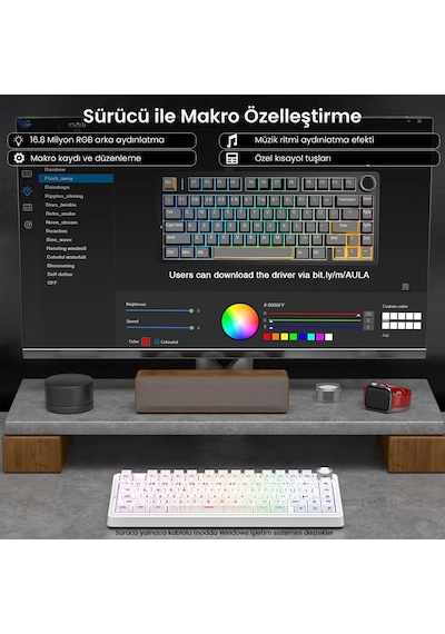 Aula F75 Mekanik Rgb Tkl Seiya Switch Kablosuz Makrolu Hot Swap Klavye Desenli Beyaz