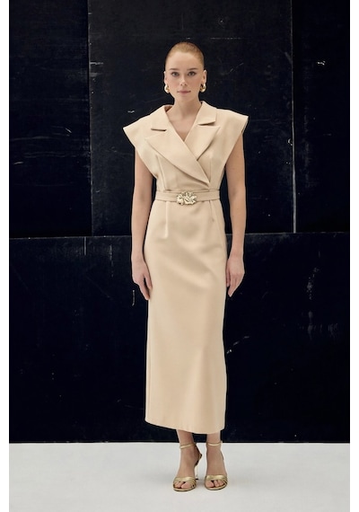 Sateen Aksesuar Detaylı Maxi Elbise - Bej-137076 Bej