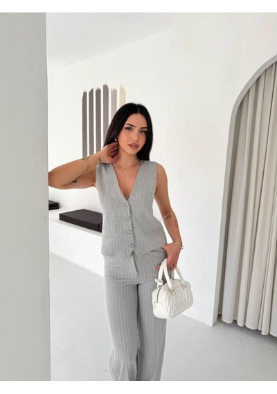 Kadın Çizgili Tansel Kumaş Yelek Pantolon İkili Takım Ofis Şık Modern - Gri