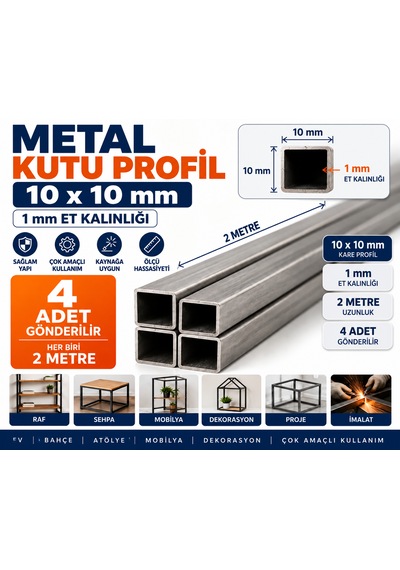 10x10 Kutu Profil 2 Metre 1 Mm Et Kalınlığı Kare Metal Çelik Profil 4 Adet