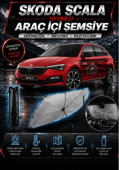 Skoda Scala Araç Ön Cam Güneşliği Katlanabilir Şemsiye Oto Güneşlik Uv Korumalı Gölgelik Araba Oto Şemsiyesi