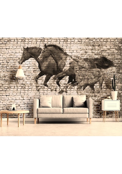 3D Taş Desen Duvar Koşan Atlar Duvar Kağıdı