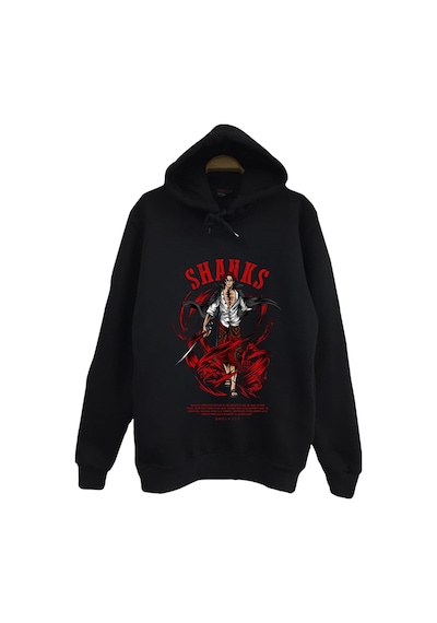 One Piece Shanks - Anime Baskılı Unisex %100 Pamuk Kapüşonlu Sweatshirt Siyah