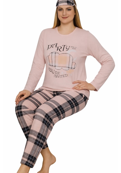 Abarta Kadın Pamuklu Desenli Uzun Kol Pijama Takımı Göz Bandı Hediyeli Somon