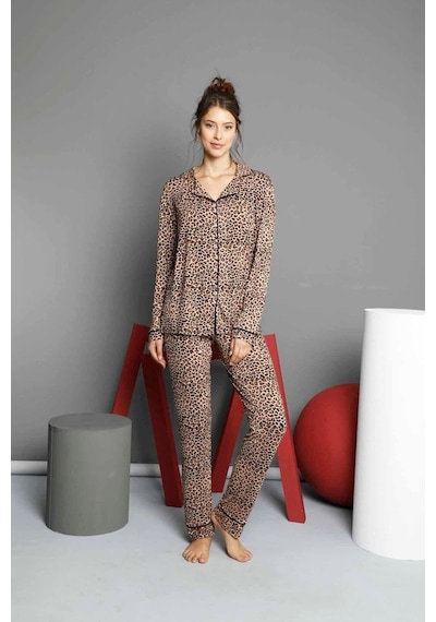 Siyah İnci Kadın Pamuklu Düğmeli Biyeli Pijama Takımı Leopar