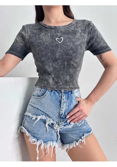 Defymoda Kalp Nakışlı Asit Yıkamalı Bluz S3479 Antrasit