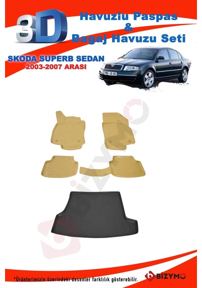 Skoda Superb Sedan 2003-07 Bej Havuzlu Paspas + Bagaj Set Bizymo Bej