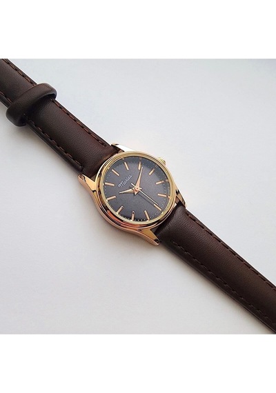 Retro Kadın Kol Saati, Vintage Minimal, Rose Gold Renk, Çizgili Kadran, Koyukahverengi Kordon Rose Gold Kahverengi Kordon Altın