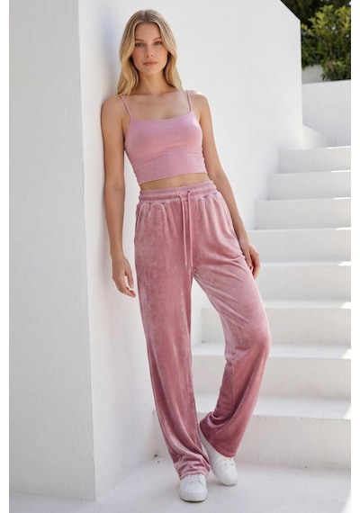 Madmext Pembe Bol Paça Kadife Eşofman Mg2283 Pembe
