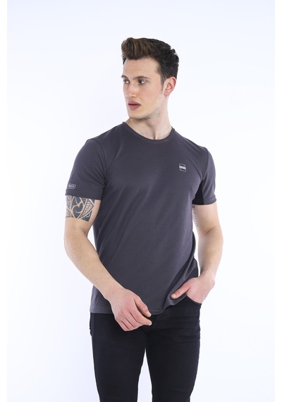 Escetic Erkek Füme Erkek Slim Fit Pamuklu Kısa Kollu Bisiklet Yaka T-Shir Füme