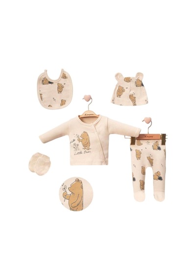 Minicayzen Little Bear Baskılı 5'li Bebek Hastane Çıkışı Yenidoğan Zıbın Seti Sütlü Kahve Sütlü Kahve