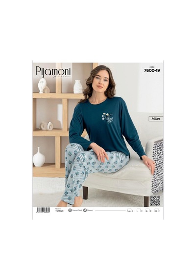 Pijamoni Kadın Milan Bisiklet Yaka Uzun Kol İnce Pijama Takımı 7600/19 - 1 Adet Petrol