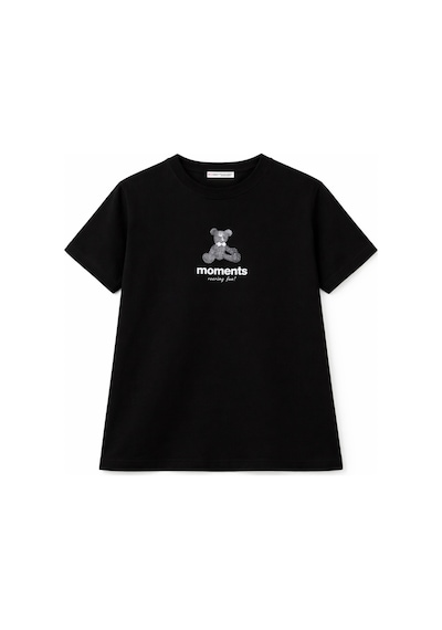 Mixray 2058 Kadın %100 Pamuk Ayıcık Baskılı Bisiklet Yaka T-shirt Siyah Siyah