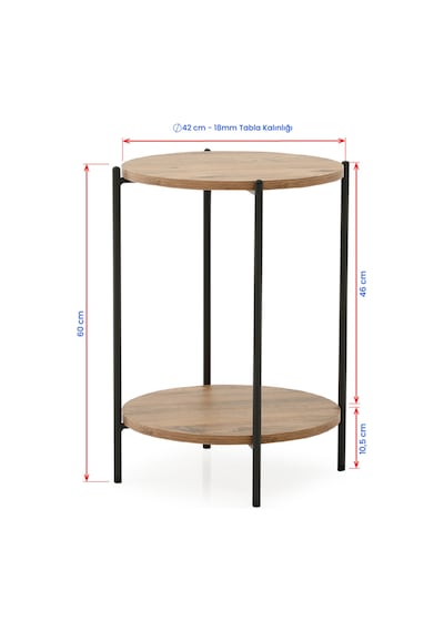 Sehpol Yuvarlak Tablalı İki Raflı Sehpa Q42x60 Cm Antrasit - Atlantik Çam