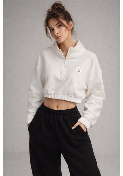 Kadın Ekru Crop Sweatshirt Scuba Kumaşı Beyaz
