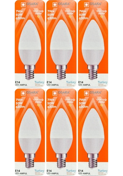 6 Adet Osaka 7w 50w Sarı Işık 3000k E14 Duylu İnce Duy Led Mum Ampul