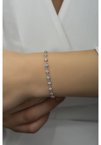 Nereze 925 Ayar Gümüş Rose Sıralı 3 Mm Aquamarin Taşlı Bileklik