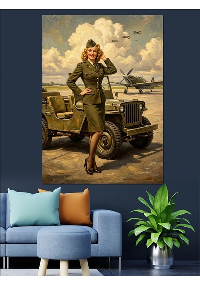 Askeri Üniformalı Pin-up Kadın Jeep Yanında Dekoratif Kanvas - Mdf Ahşap Tablo Çok Renkli