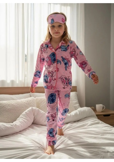 Lillypicca Kız Çocuk Desenli Pamuklu Önden Düğmeli Göz Bantlı Uzun Kol Pijama Takımı 9018 Pembe