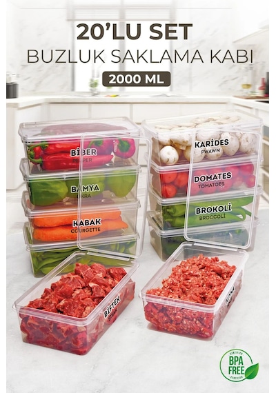 Kitchen Life 20 Adet 2000 ML Kapaklı Derin Dondurucu Difriz Saklama Kabı -  Buzdolabı Düzenleyici Buzluk Erzak Kabı Şeffaf