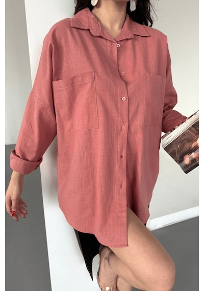 Paw Garage Kadın Harper Çift Cepli Oversize Keten Gömlek, 2025 Summer Collection Gül Kurusu