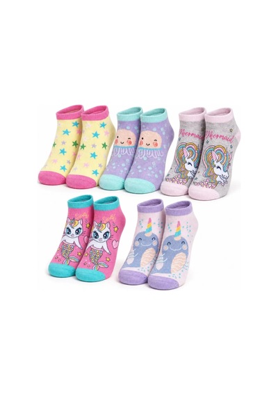 Womanandkids Wak 5 Li Kız Çocuk Çorap Seti Deniz Kızı Unicorn Desenli Pamuklu Rahat Burunlu Renkli Çok Renkli