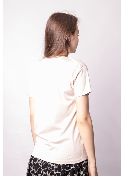 Kadın Sıfır Yaka Kırışmaz Span Karışımlı Şık Kısa Kol Likralı T-shirt Bluz-bej Bej