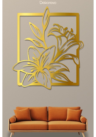 Çiçekler Çerçeve Metal Duvar Tablosu - Metal Duvar Sanatı - Altın - 30 X 30 Cm