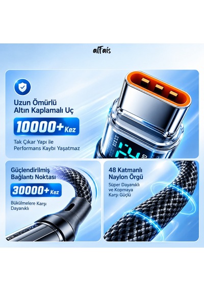 Alfais 6058 Usb Type C Hızlı Telefon Data Şarj Kablosu Led Ekranlı Dijital 120w Veri Kablosu 2 Metre