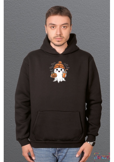 Bumeta Sevimli Hayalet Baskılı Cadılar Bayramı Halloween Sweetshirt Unisex Kapüşonlu Hoodie Siyah