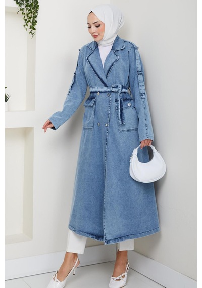Hb Harma Time Butik Kadın Cepli Kuşaklı Denim Mavi Trençkot Mavi Mavi